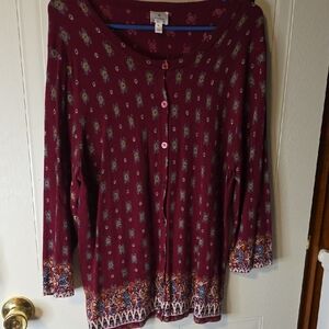 dressbarn Maroon Floral Button Down Cartigansweater